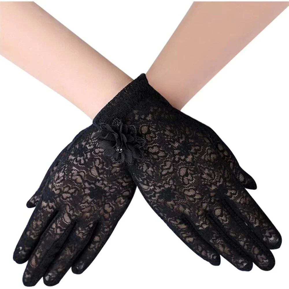 Women's Summer Sun Protection Black Short Flower Floral Embroider Lace Gloves
